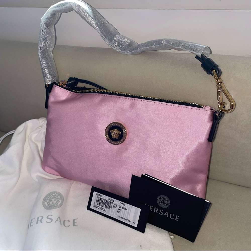 NWT Versace La Medusa Nylon and Leather Baguette Pochette Bag